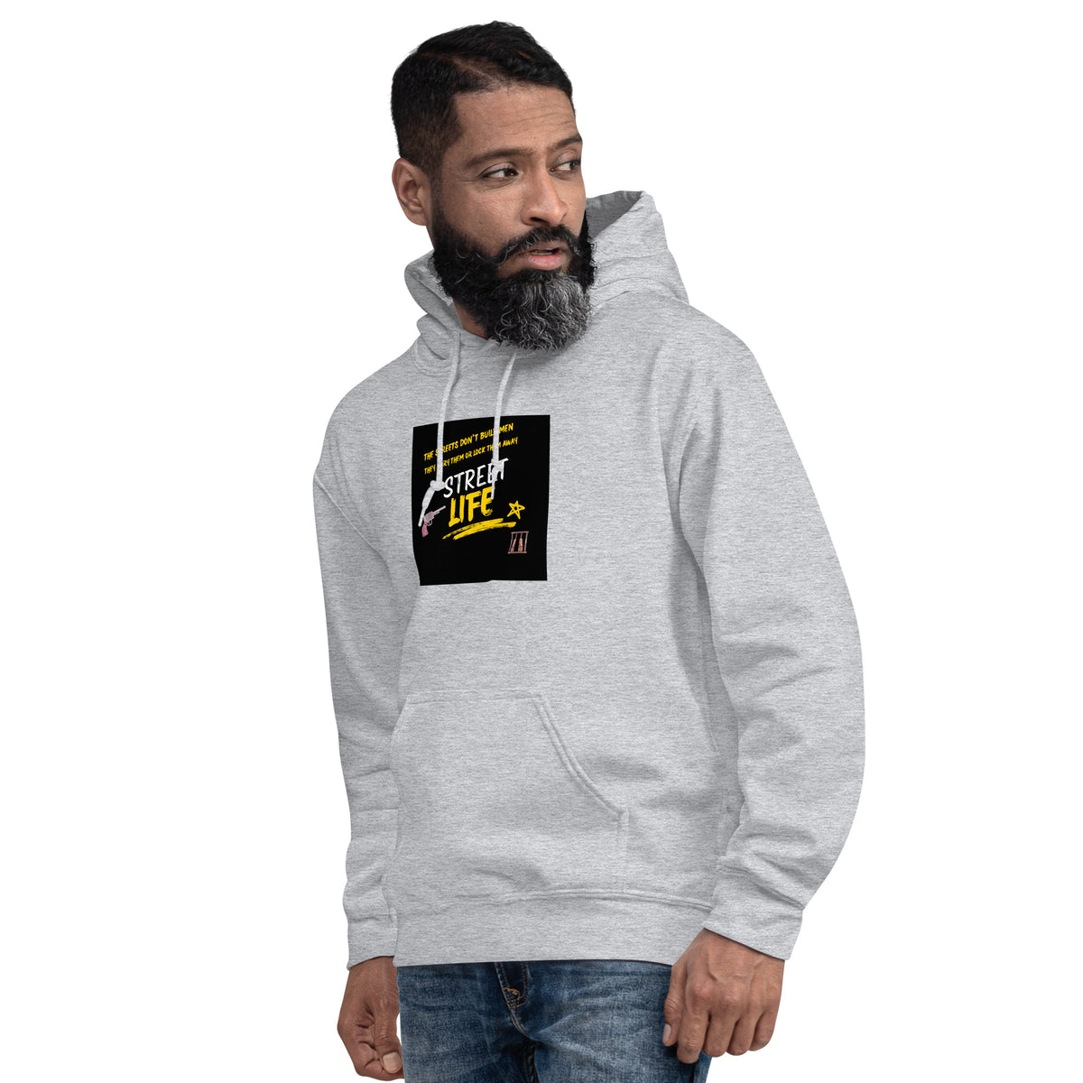 Light gray unisex pullover hoodie with square chest graphic and front kangaroo pocket