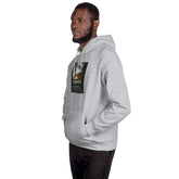 Heather gray pullover hoodie with front square graphic print and kangaroo pocket.