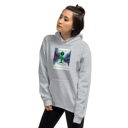 Light gray pullover hoodie with hood and front pocket, front view with chest graphic.