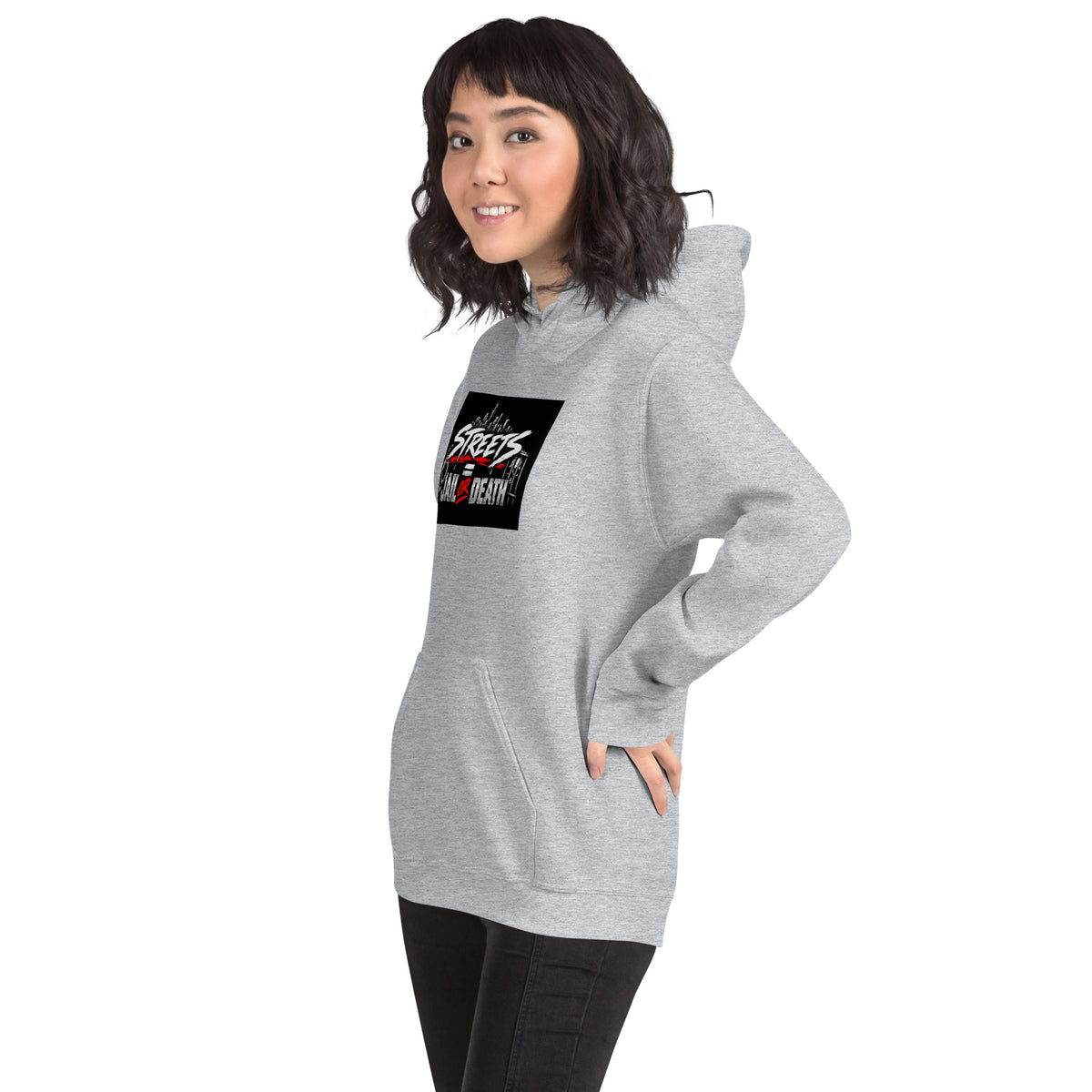 Light gray unisex hoodie with chest graphic, pullover style, front pocket, hooded collar.