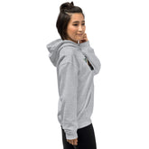 Unisex pullover hoodie, light gray, front side view with hood and kangaroo pocket
