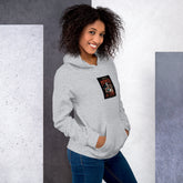 Unisex light gray hoodie with front chest graphic print and kangaroo pocket.