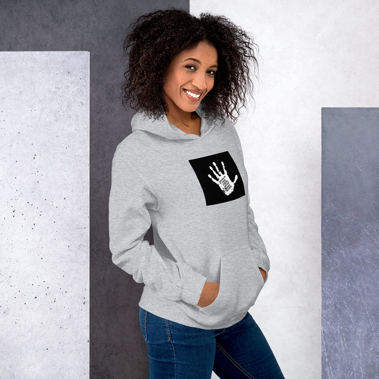 Light gray unisex hoodie with hood, kangaroo pocket, and black graphic chest patch