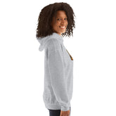 Light gray unisex hoodie, side view with hood and visible sleeve print