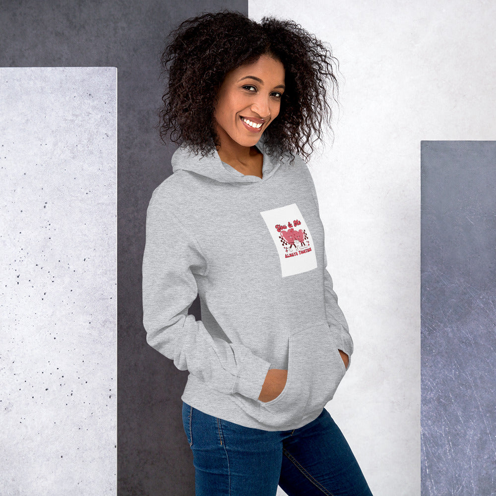 Light gray unisex hoodie with hood, kangaroo pocket, and front chest print