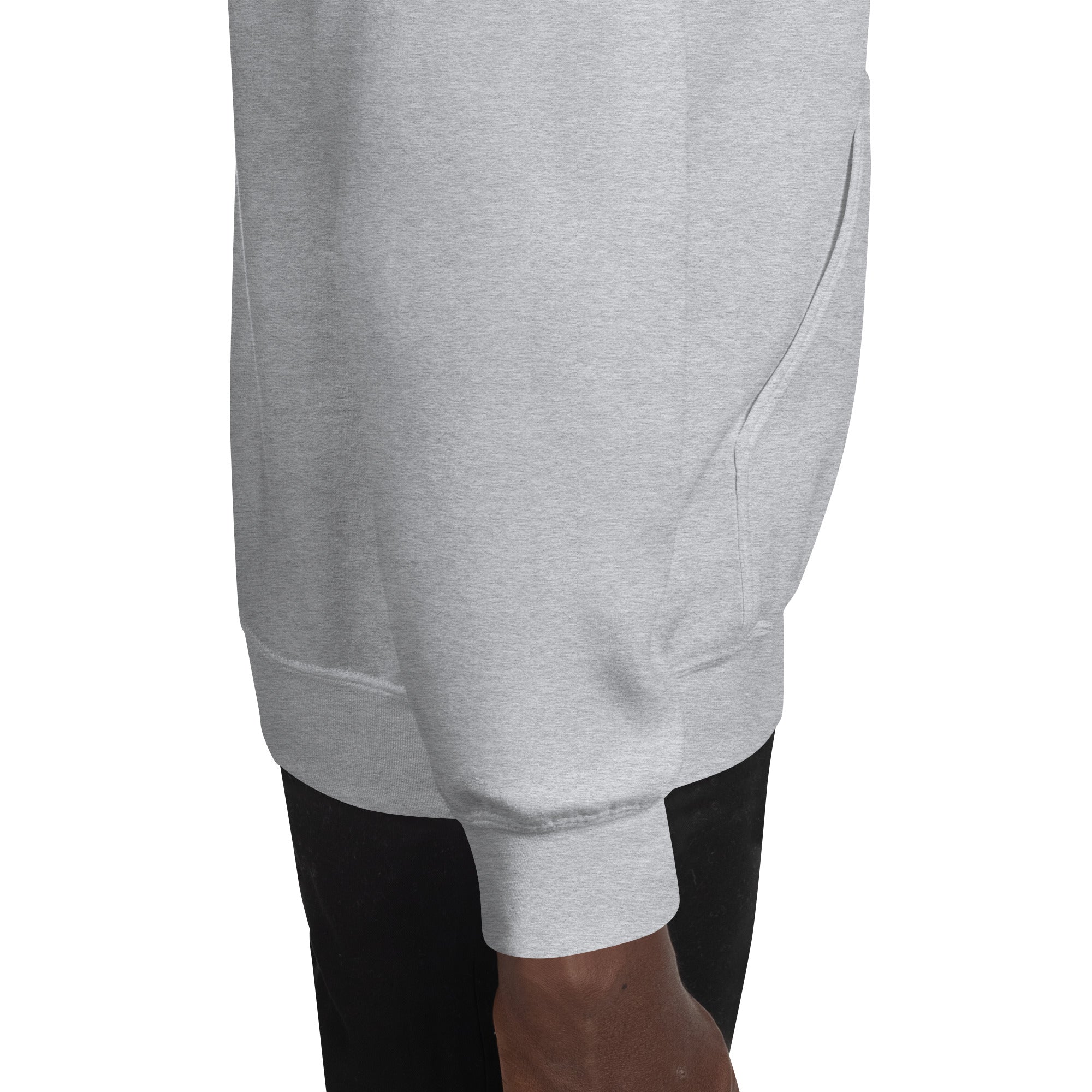 Light gray hoodie side view with long sleeves and smooth curved hem