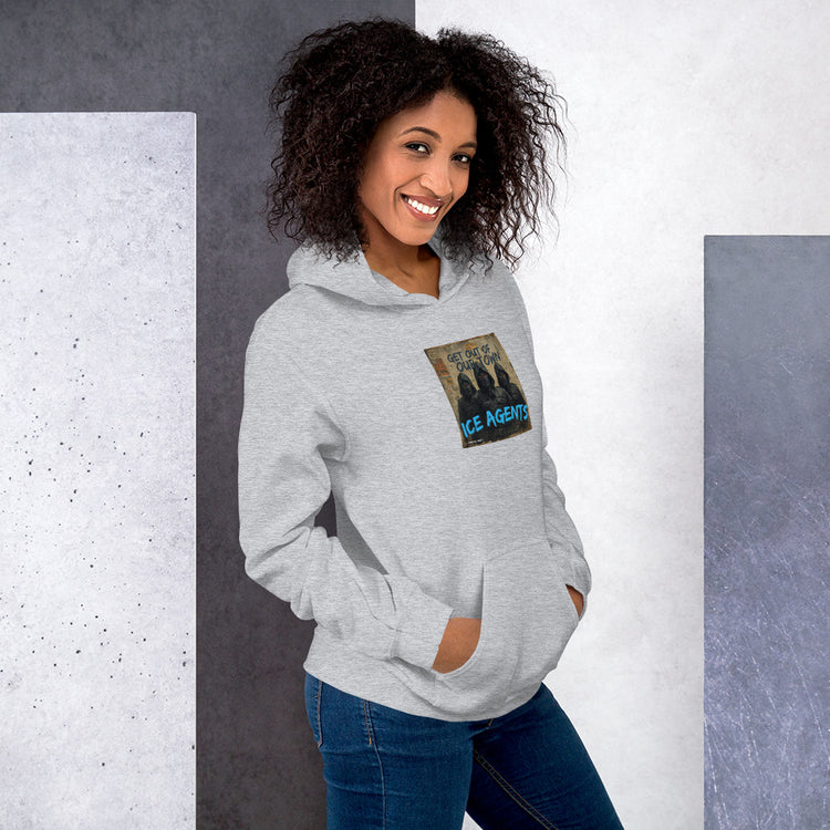 Light gray unisex hoodie with front hood, pouch pocket, and chest logo graphic