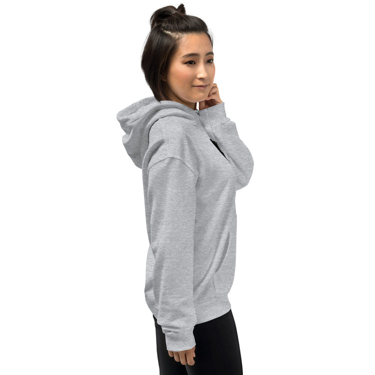 Light gray hoodie side view with front pocket and embroidered-looking chest graphic
