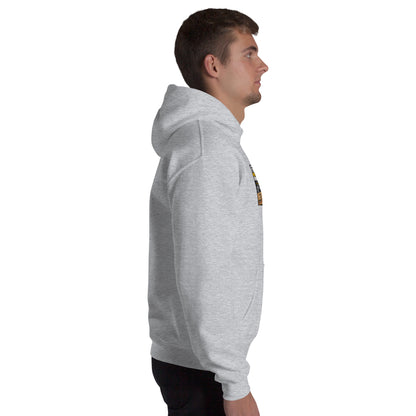 Light gray unisex pullover hoodie, side view with hood and sleeve seam detail
