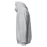 Light gray pullover hoodie side view with partial front graphic and drawstring hood