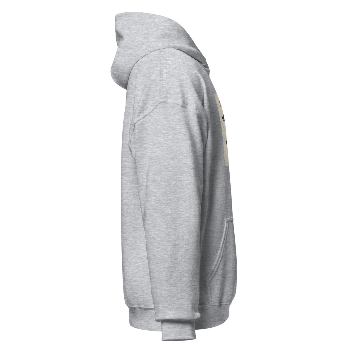 Light gray pullover hoodie side view with partial front graphic and drawstring hood