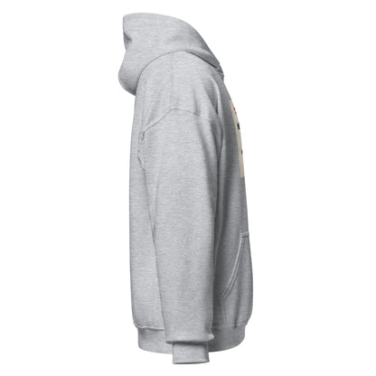 Light gray pullover hoodie side view with partial front graphic and drawstring hood
