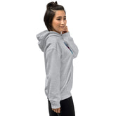 Dark heather gray pullover hoodie with hood, front pouch pocket, and colorful chest graphic