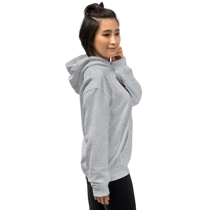 Dark heather gray pullover hoodie with hood, front pouch pocket, and colorful chest graphic