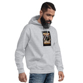 Light gray unisex hoodie with chest graphic print and front pocket, side view.