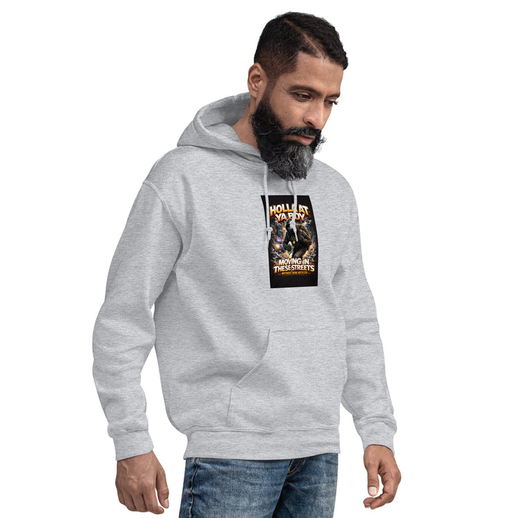 Light gray unisex hoodie with chest graphic print and front pocket, side view.