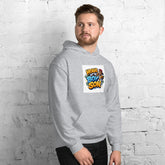 Unisex light-gray hoodie with front logo graphic, hood and kangaroo pocket