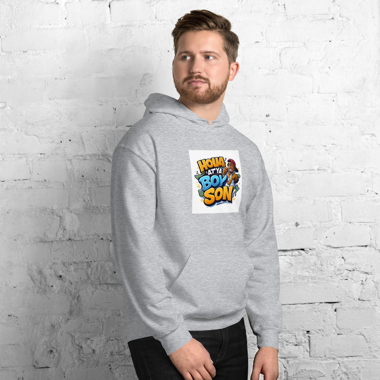 Unisex light-gray hoodie with front logo graphic, hood and kangaroo pocket