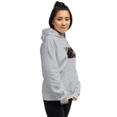 Unisex pullover hoodie, light gray, front view with hood and front graphic, kangaroo pocket