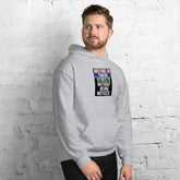 Unisex grey pullover hoodie, front graphic visible; hood with kangaroo pocket.