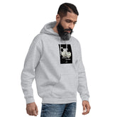 Heather gray hoodie with front graphic and kangaroo pocket, side view