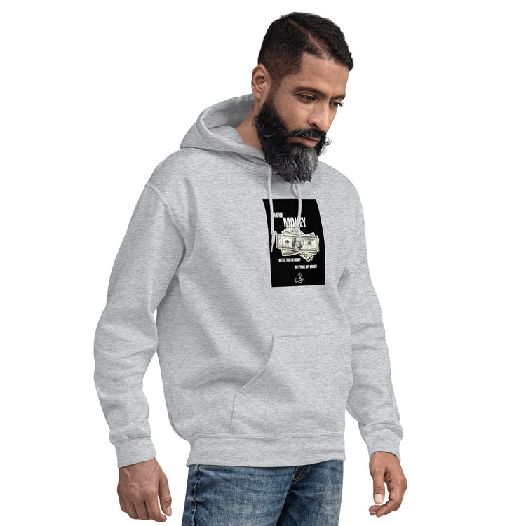 Heather gray hoodie with front graphic and kangaroo pocket, side view