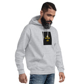 Unisex light gray hoodie with front kangaroo pocket and chest graphic print