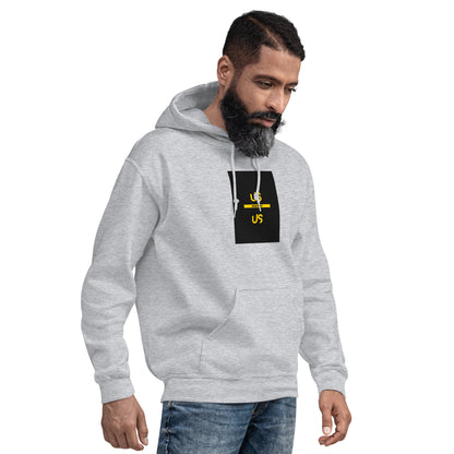 Sport grey unisex hoodie with kangaroo pocket and black front graphic; drawstring hood