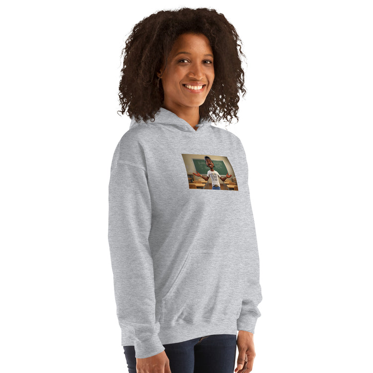 Light gray unisex hoodie, front view with hood and chest artwork