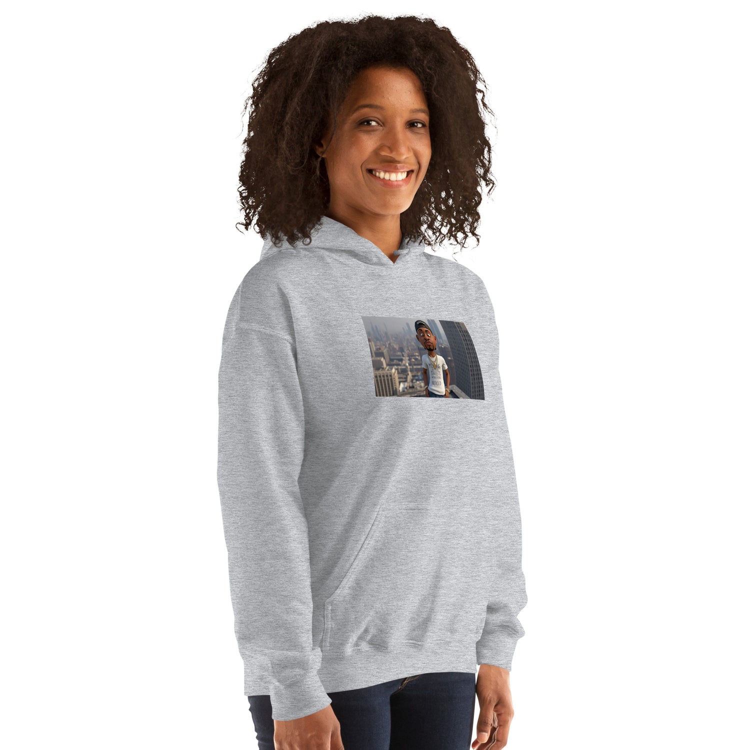 Unisex hoodie in dark heather gray with front graphic, hood, and kangaroo pocket