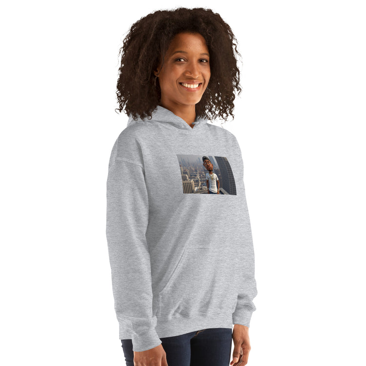 Unisex heather gray hoodie with hood, kangaroo pocket, and chest graphic print.