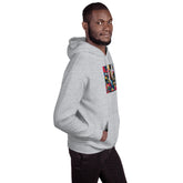 Unisex pullover hoodie heather gray with front graphic and hood, kangaroo pocket