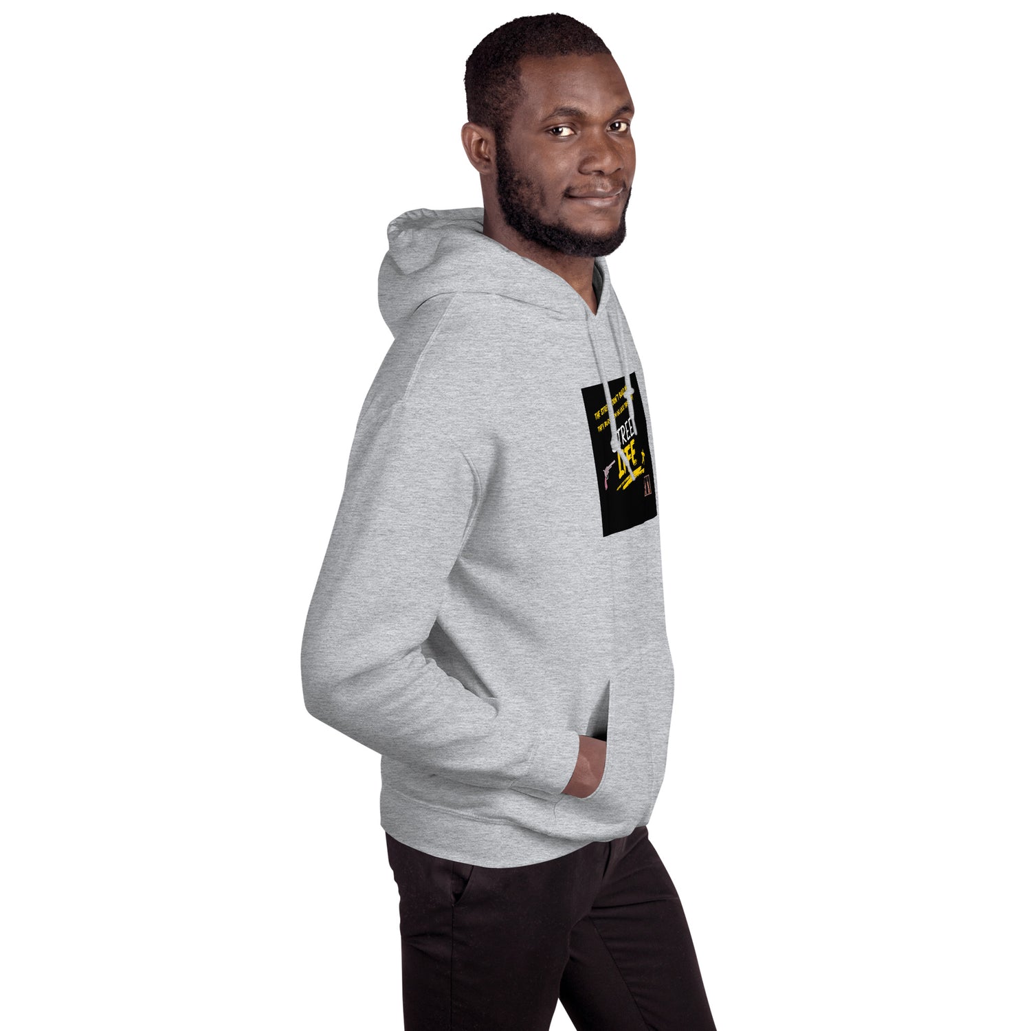 Light gray unisex hoodie side view with front graphic patch and kangaroo pocket