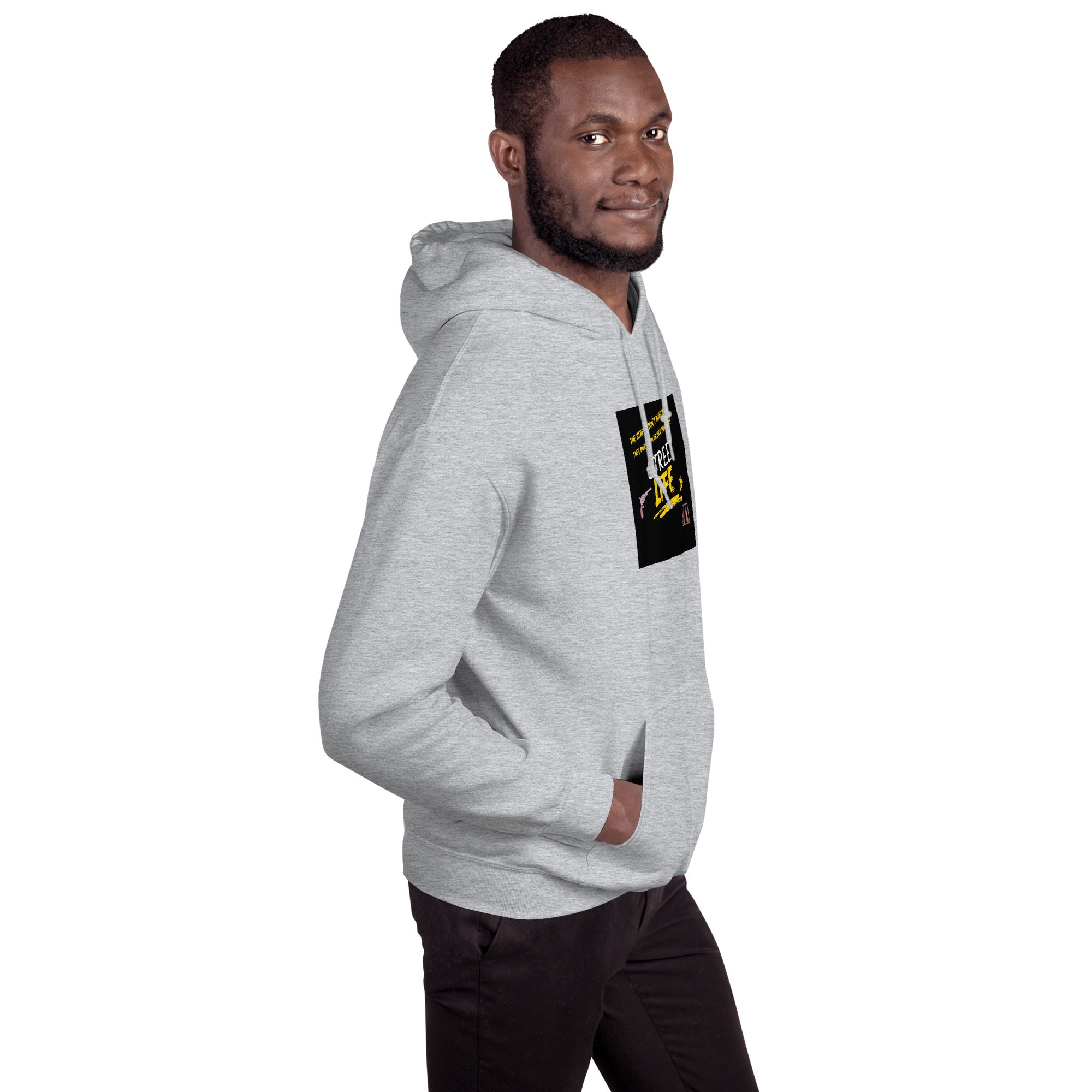 Light gray unisex hoodie side view with front graphic patch and kangaroo pocket