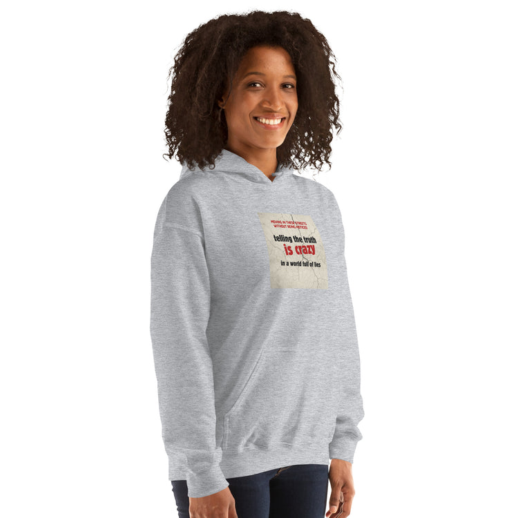 Light gray hoodie with chest graphic print and hood, front 3/4 view.
