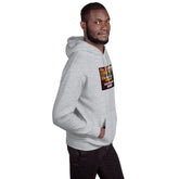 Gray unisex hoodie with hood up, kangaroo pocket, and front chest graphic