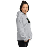 Light gray hoodie front-left view, hood, kangaroo pocket, square chest graphic