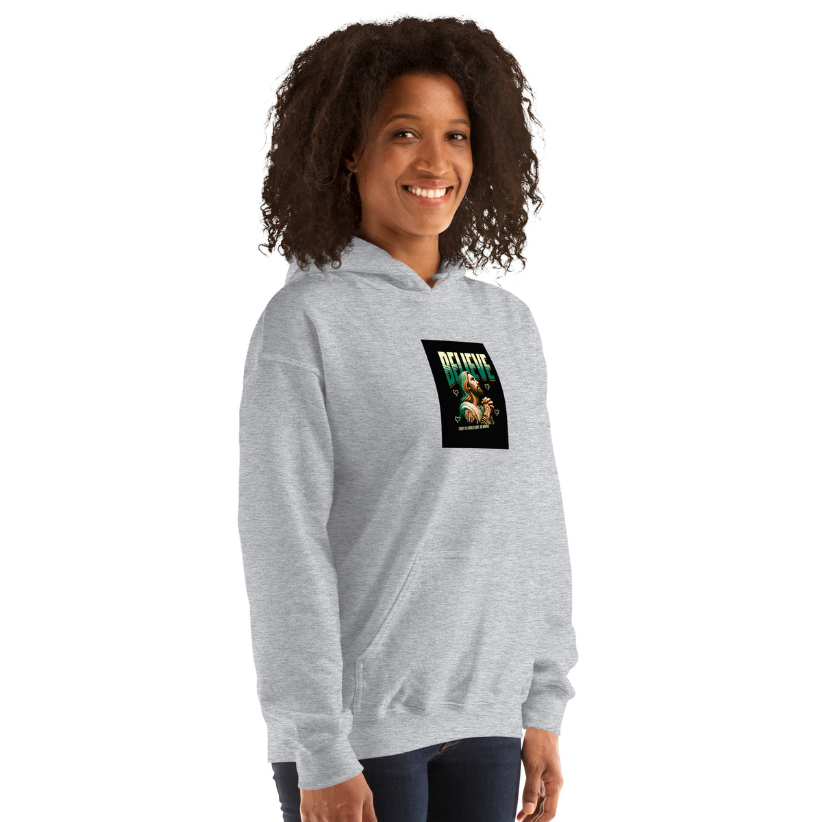Light gray pullover hoodie with hood, front graphic print, and kangaroo pocket.
