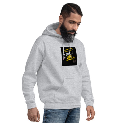 Light gray unisex pullover hoodie with hood and square front graphic