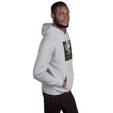 Heather gray pullover hoodie with front square graphic print, side view with hood.