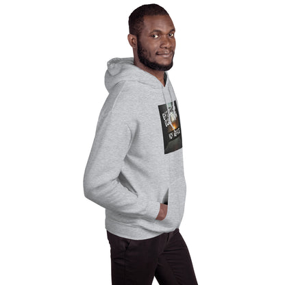 Heather gray pullover hoodie with front square graphic print, side view with hood.