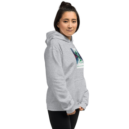 Dark heather gray hoodie with hood, pouch pocket, and colorful rectangular chest print