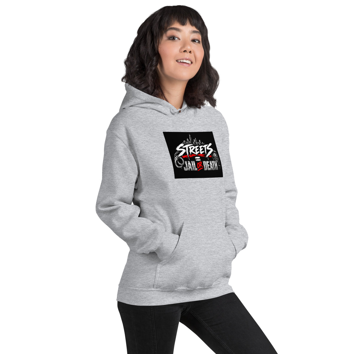 Light gray pullover hoodie with hood and front pocket, chest graphic print centered.