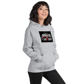 Light gray pullover hoodie with hood and front pocket, chest graphic print centered.