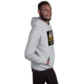 Unisex pullover hoodie in light gray, hooded with front graphic print (side view)