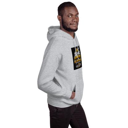 Unisex pullover hoodie in light gray, hooded with front graphic print (side view)