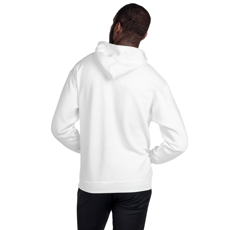 Unisex white pullover hoodie back view with hood and kangaroo pocket
