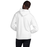 White unisex pullover hoodie back view with hood and front kangaroo pocket