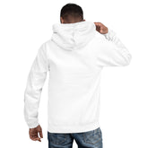 White unisex hoodie with hood, front pouch pocket, and full-color chest graphic