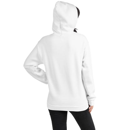 Hoodie unisex blanco, vista trasera con capucha y bolsillo canguro